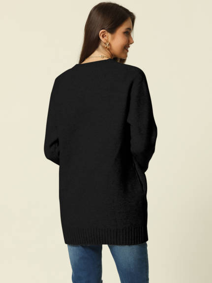 Allegra K- Round Neck Pullover Sweater with Pockets