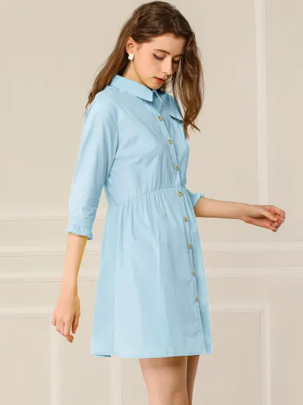 Allegra K- Mini-robe chemise évasée boutonnée à manches 3/4