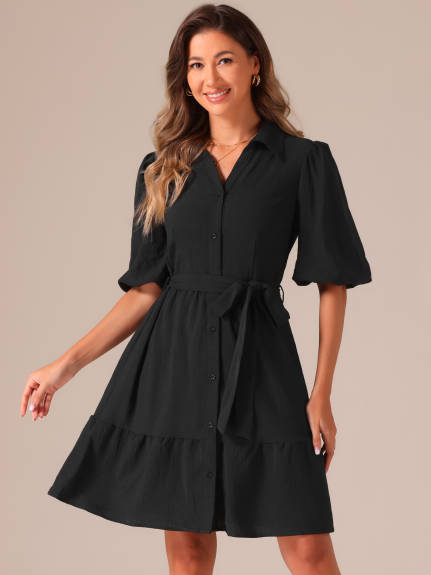 Allegra K - Belted Bubble Half Sleeve Shirt Dress