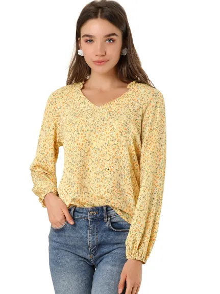 Allegra K - Blouse florale à petites fleurs et manches longues à col volanté