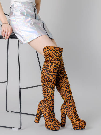 Allegra K - Platform Round Toe Slouch Thigh High Boots