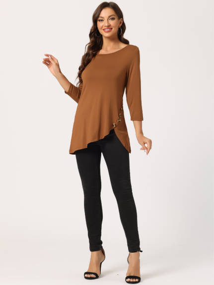 Allegra K- 3/4 Sleeve Tunic Asymmetry Button Top