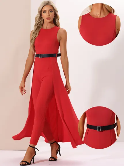 Allegra K - Overlay Elegant Sleeveless Belted Jumpsuit