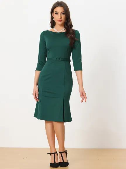 Allegra K- Elegant Boat Neck Half Sleeve Pleated Midi Dress