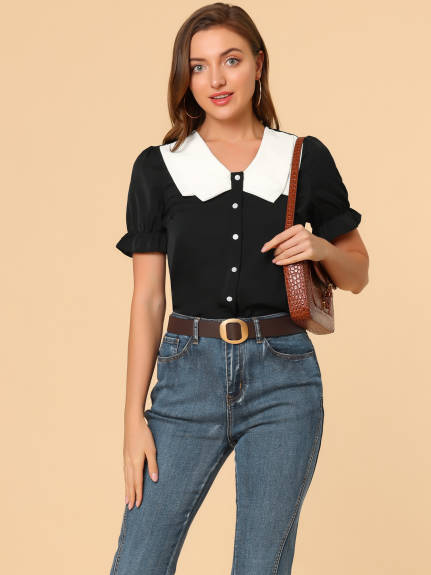 Allegra K- Contrast Butterfly Collar Summer Blouse