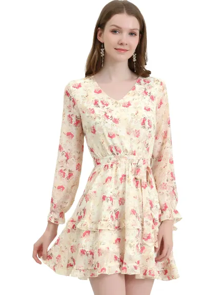 Allegra K- Robe florale en mousseline de soie à volants et ceinture à manches longues