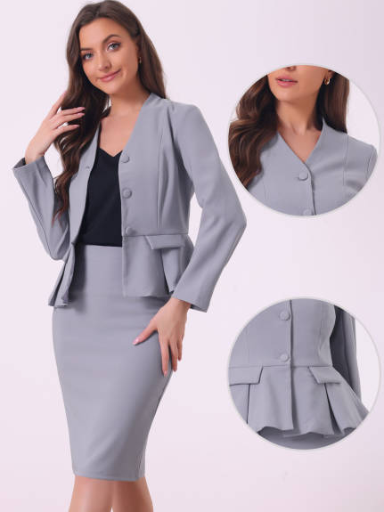 Allegra K - Collarless Peplum Blazer Skirt Business Suit