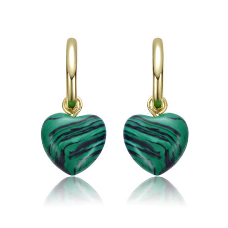 Genevive Sterling Silver 14k Gold Plated Simulated Malachite Puffed Heart Dangle Earrings