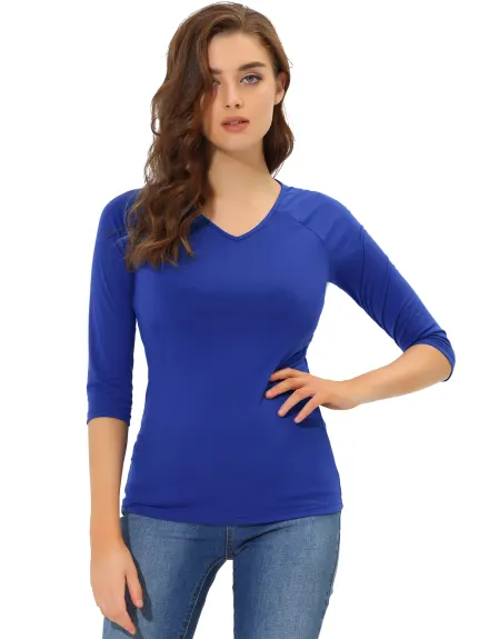 Allegra K- 3/4 Raglan Sleeve V Neck T-Shirt