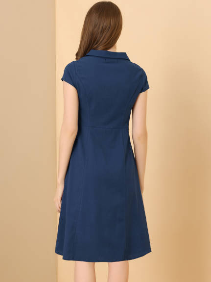 Allegra K- Cap Sleeve Cotton Collar Midi Button Down Dress