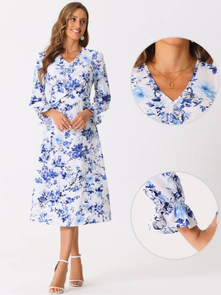 Allegra K - Floral Ruffle Wrap Waist Chiffon Dress