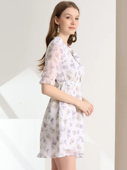 Allegra K- Floral Chiffon Bow Tie Neck Elastic High Waist Mini Dress