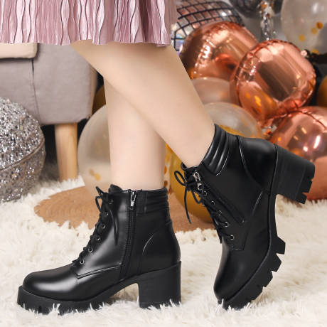 Allegra K - Platform Ankle Boots Lace Up Combat Boots