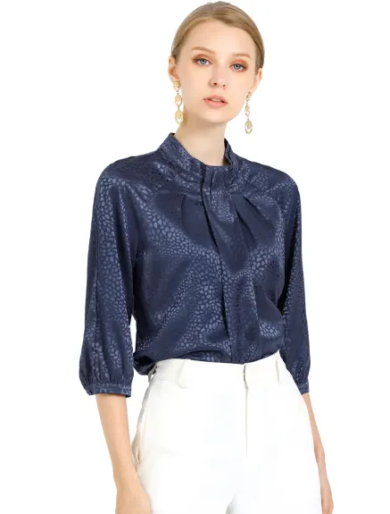 Allegra K- Satin 3/4 Sleeve Pleated High Collar Blouse