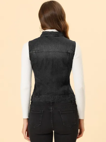 Allegra K- Gilet boutonné en denim délavé avec poches à rabat