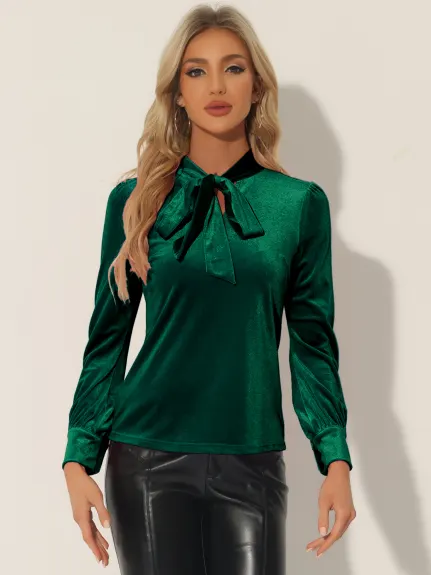 Allegra K- Vintage Velvet Tie Neck Long Sleeve Blouse