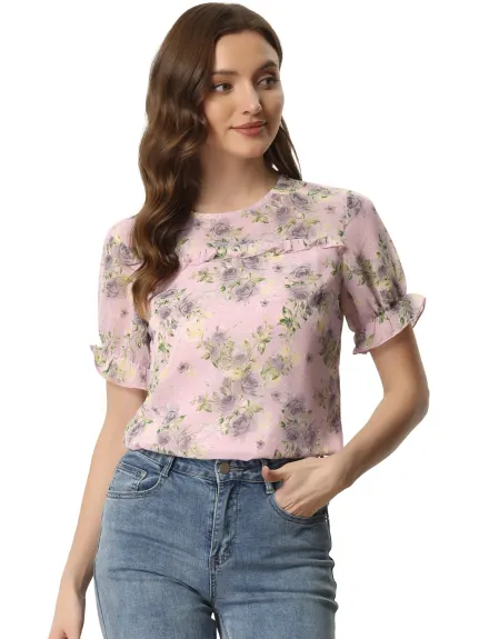 Allegra K- Chiffon Ruffled Trim Floral Blouse