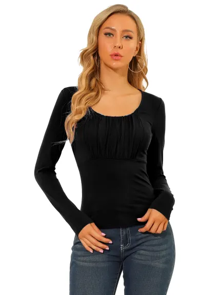 Allegra K - Scoop Neck Long Sleeves Ruched Fitted Top