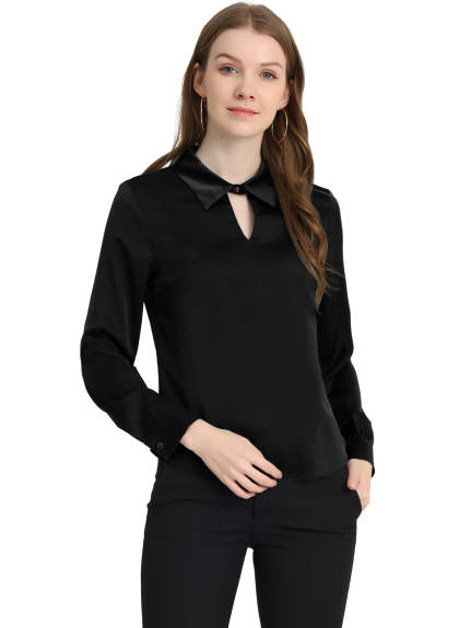 Allegra K- Satin Top Keyhole Collared Blouse Shirt