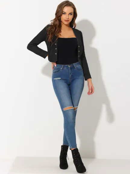 Allegra K- Denim Cropped Open Front Collarless Jacket