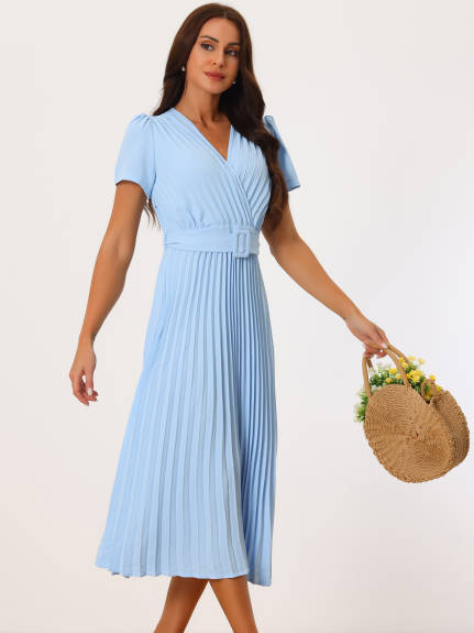 Allegra K- Short Sleeve V Neck Pleated Midi Dress