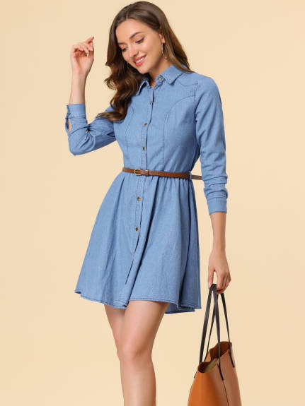 Allegra K- Long Sleeve Above Knee Denim Shirt Dress with Belt