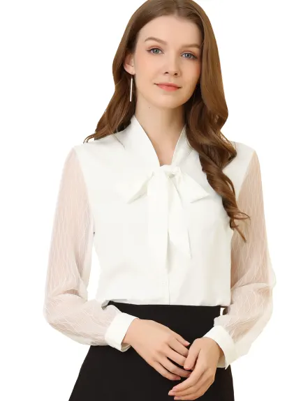 Allegra K - Lady Tie Neck Chiffon Long Sleeve Shirt