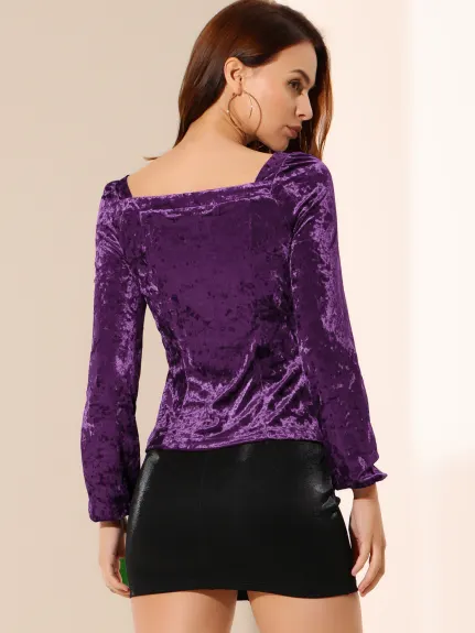 Allegra K- Velvet Long Sleeve Square Neck Blouse Top