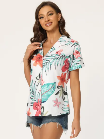 Allegra K - Chemise boutonnée à feuilles florales tropicales de plage