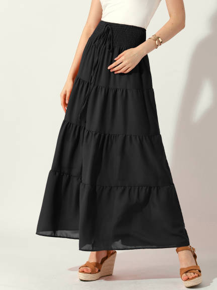 Allegra K - Smocked Waist Tiered A-Line Maxi Skirt