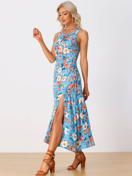 Allegra K- Sleeveless Floral Split Maxi Dress