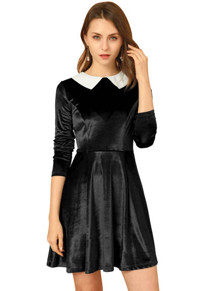 Allegra K- Velvet Long Sleeve Peter Pan Collar Flare Dress