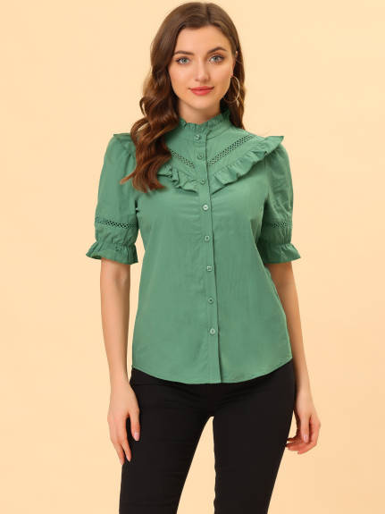 Allegra K - Button Down Cotton Ruffle Neck Shirt