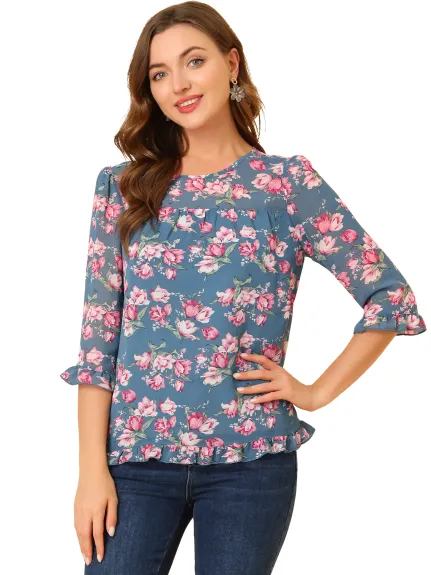 Allegra K- Floral Ruffled 3/4 Sleeve Chiffon Blouse