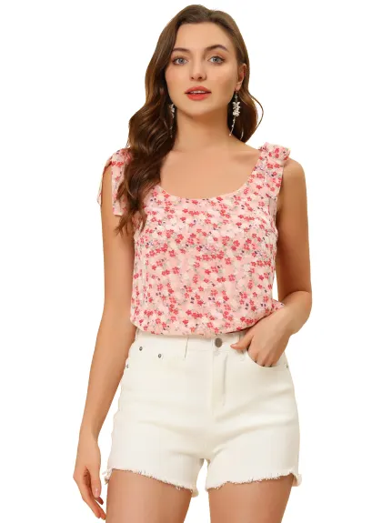 Allegra K- Floral Tie Straps Chiffon Tank Top