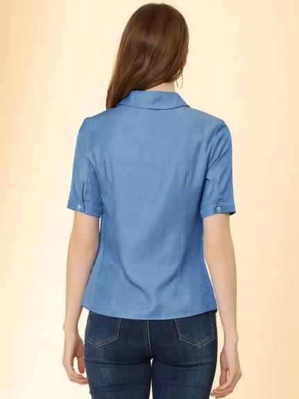 Allegra K - Button Up Summer Collar Chambray Denim Shirt