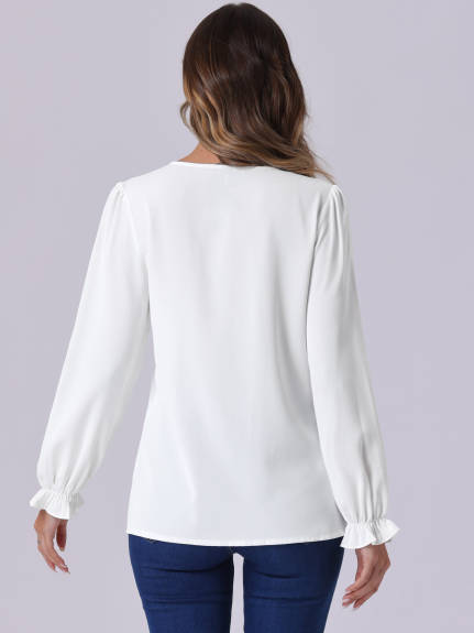 Allegra K - Blouse à manches longues plissée à encolure fendue