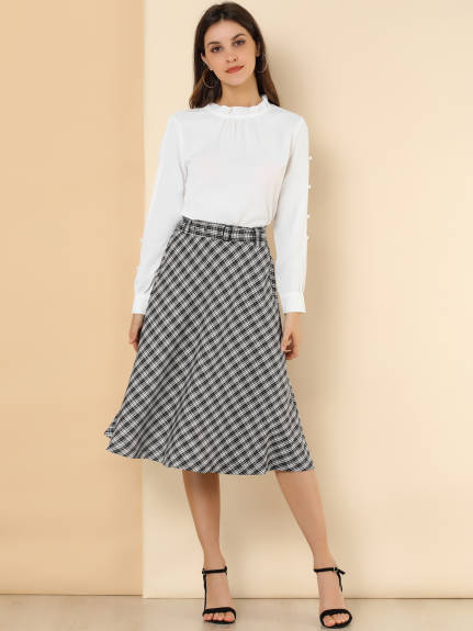 Allegra K- Plaid Tartan Belted A-Line Midi Skirt