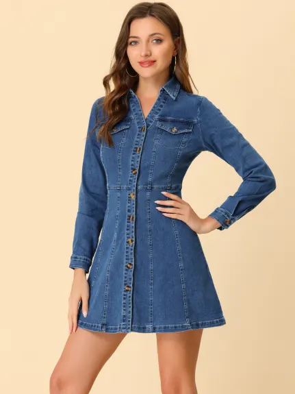 Allegra K- V-Neck Roll Up Sleeve Denim Shirt Dress