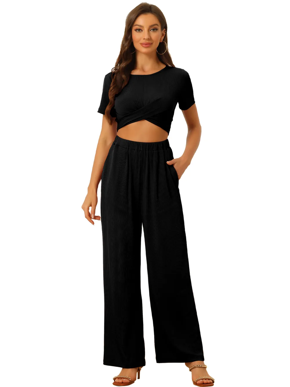 Allegra K - Crop Top with Wide Leg Pants Summer Outfits