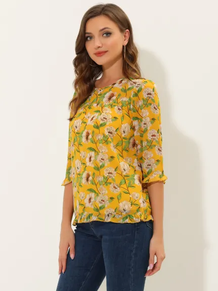 Allegra K- Floral Ruffled 3/4 Sleeve Chiffon Blouse