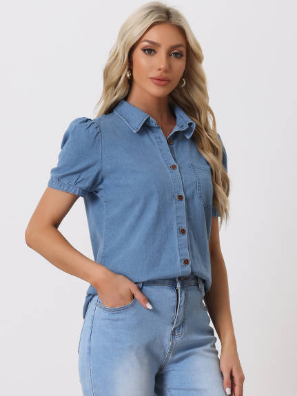 Allegra K- Denim Collared Puff Sleeve Shirt