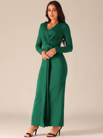 Allegra K - Long Sleeve V-Neck Split Hem Bodycon Maxi Dress