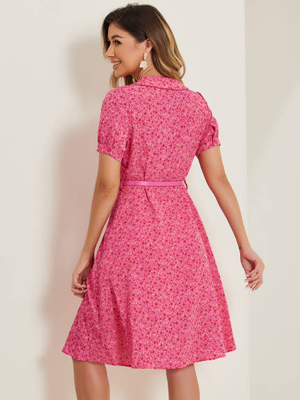 Allegra K- Peter Pan Collar Tie Neck Belted Floral Dress