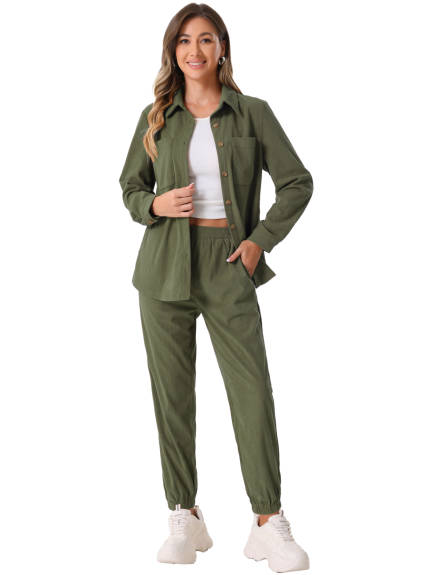 Allegra K - Corduroy Long Sleeve Shirt and Pants 2 Piece Outfits