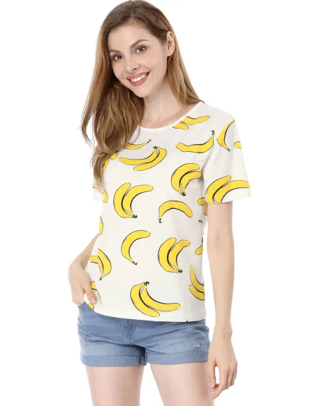 Allegra K- Short Sleeve Pmpkin Banana Print Cute T-Shirt