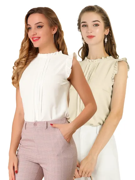 Allegra K- Mandarin Collar Sleeveless Pleated Blouse 2-Pack, White