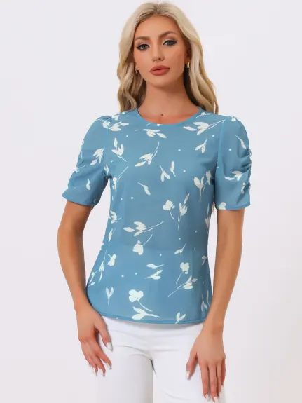 Allegra K- Floral Crew Neck Shirred Short Sleeve Blouse