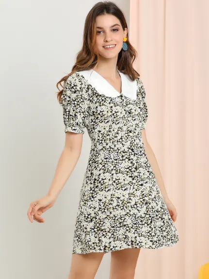 Allegra K- Floral Bow Tie Short Sleeve Shirt Dress