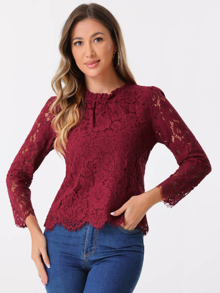 Allegra K- Ruffle Round Neck Long Sleeve Lace Floral Blouse